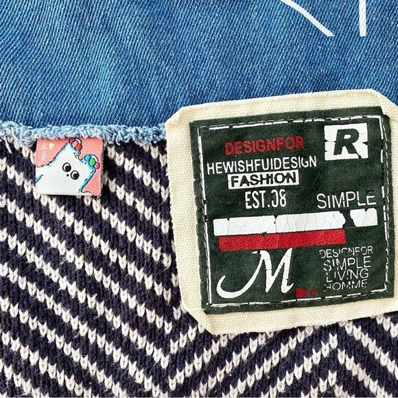 LEDiN Women's Cute PuPu Patch Oversized Cardigan Sweater Navy Cream Chevron M - Picture 6 of 13